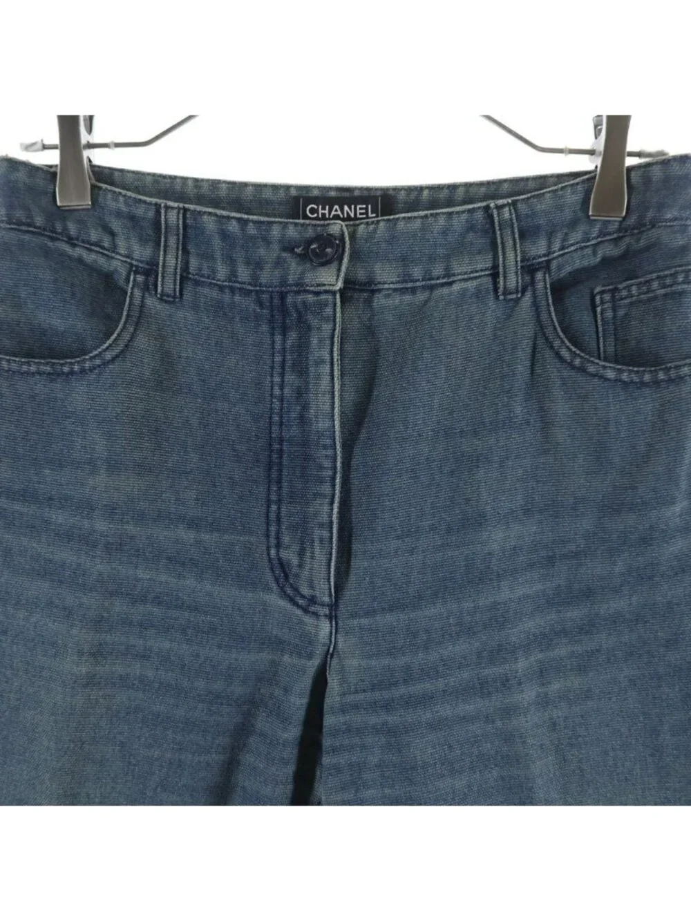 Chanel Crystal CC Logo Wide Denim Pants CC Flare Indigo